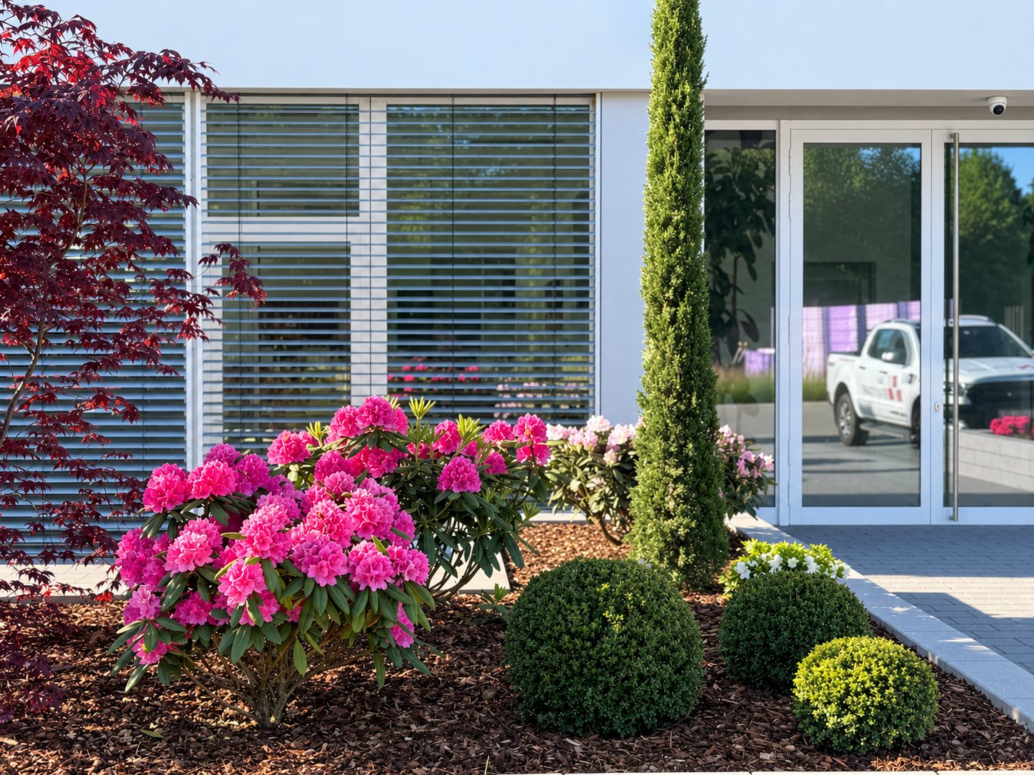 Eingang des Gebäudes mit blühenden Rhododendren, Buchskugeln und einer Säulenzypresse